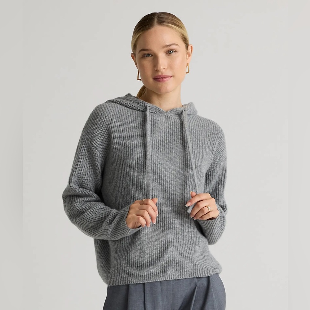 Quince Mongolian Cashmere Fisherman Pullover Hoodie in Heather Grey